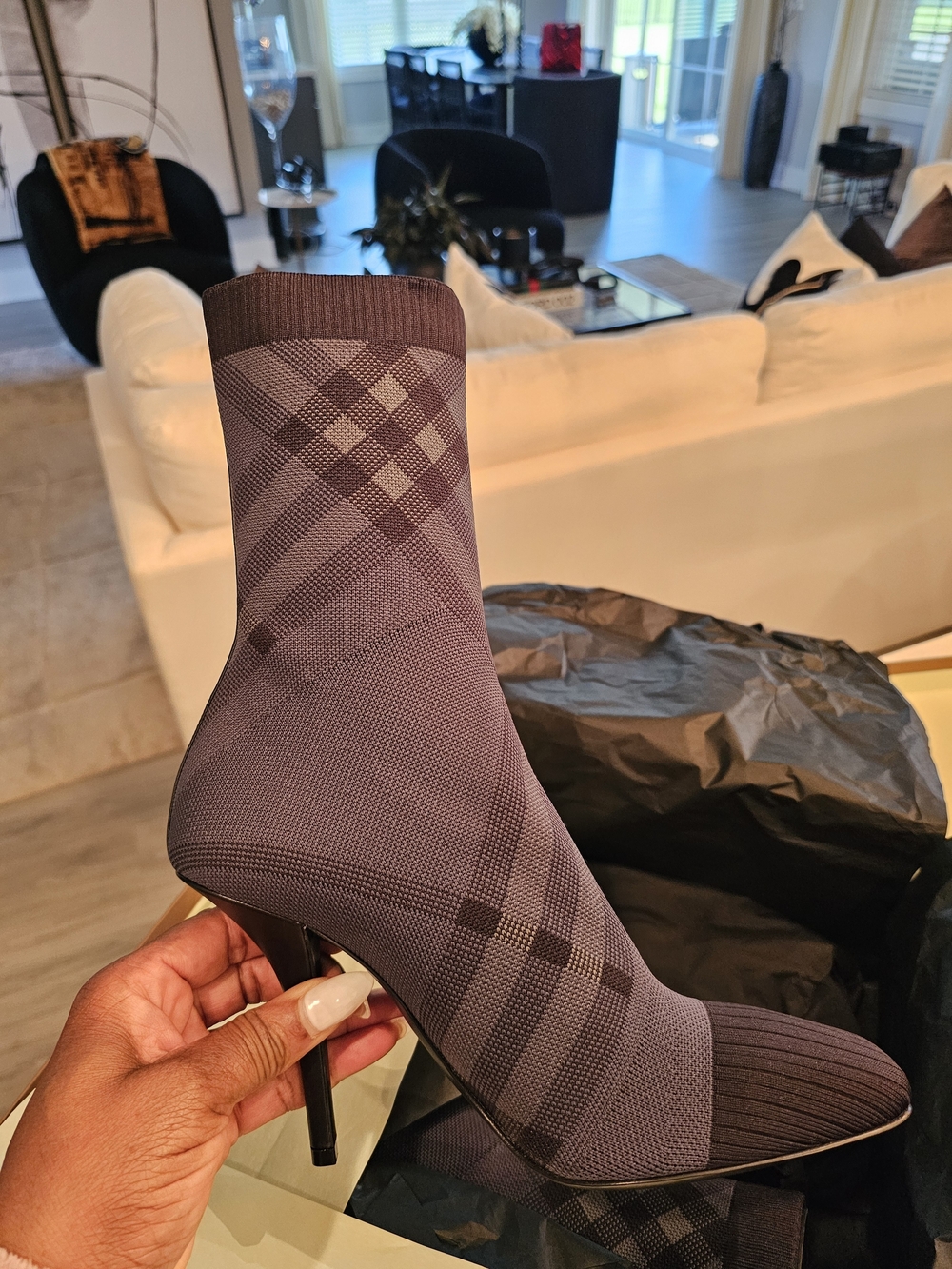 Designer Plaid Stretch-Knit Ankle Boots - Gray